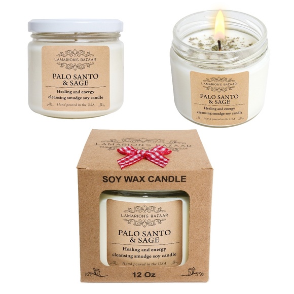 PALO SANTO + SAGE"- Smudge Soy Candle w Crushed Sage Leafs for Energy Cleansing - Picture 6 of 6